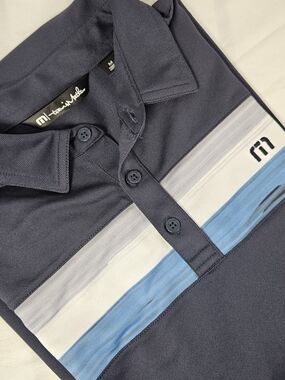Travis Mathew Navy Polo with White & Light Blue Stripes